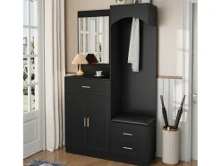 Perchero negro con espejo, 1 cajón y 3 puertas – para entradas y pasillos
