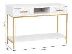 Recibidor dos cajones madera y metal blanco y dorado