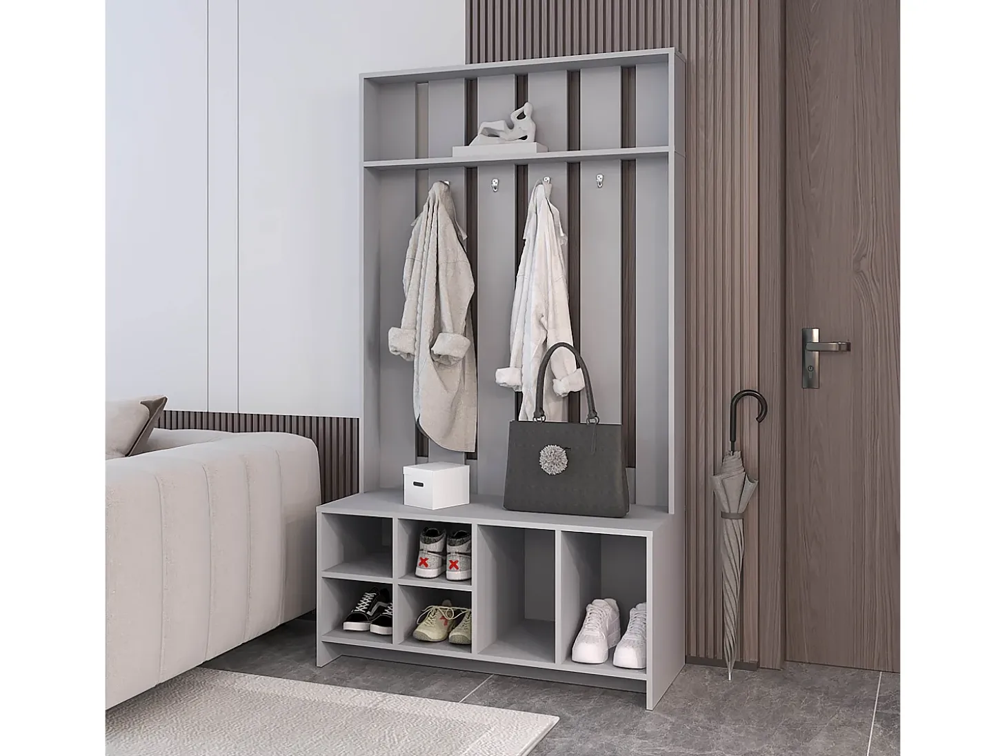Recibidor tulcan en melamina con 8 estantes y 4 ganchos para colgar ropa , Gris , 172.6 cm X 96.8 cm X 39.3 cm
