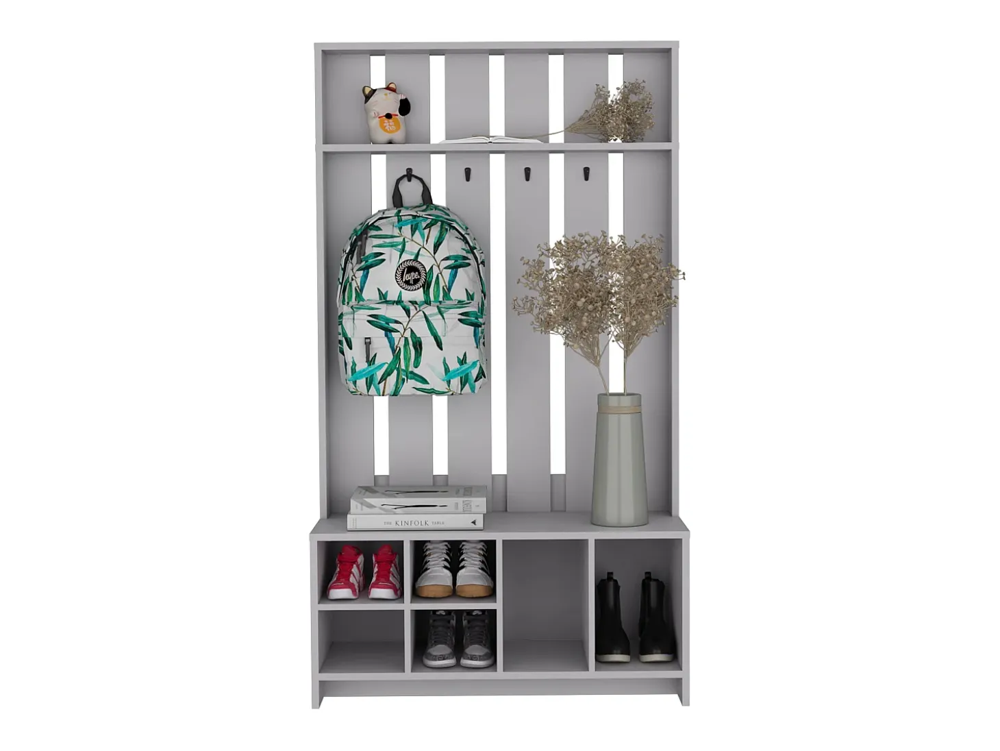 Recibidor tulcan en melamina con 8 estantes y 4 ganchos para colgar ropa , Gris , 172.6 cm X 96.8 cm X 39.3 cm