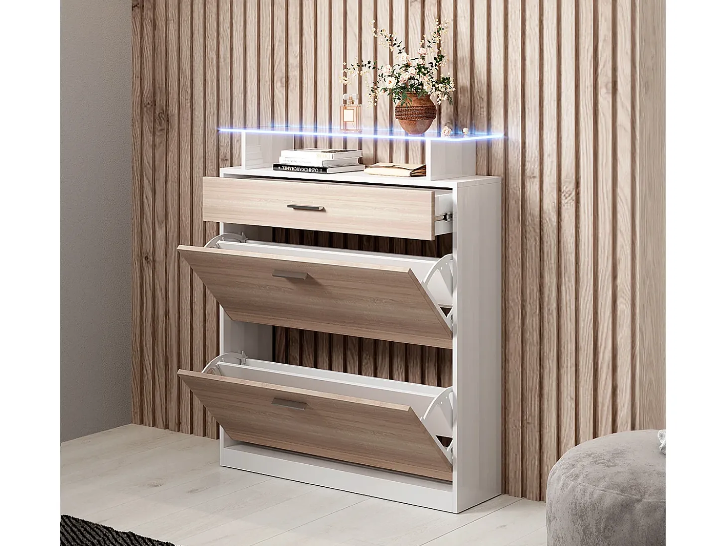 Recibidor zapatero para Entrada Pasillo en Blanco y Sonoma con LED 89x24x105cm Paola