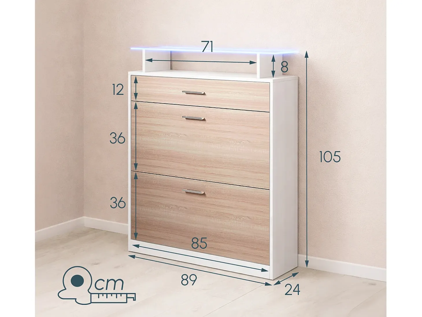 Recibidor zapatero para Entrada Pasillo en Blanco y Sonoma con LED 89x24x105cm Paola