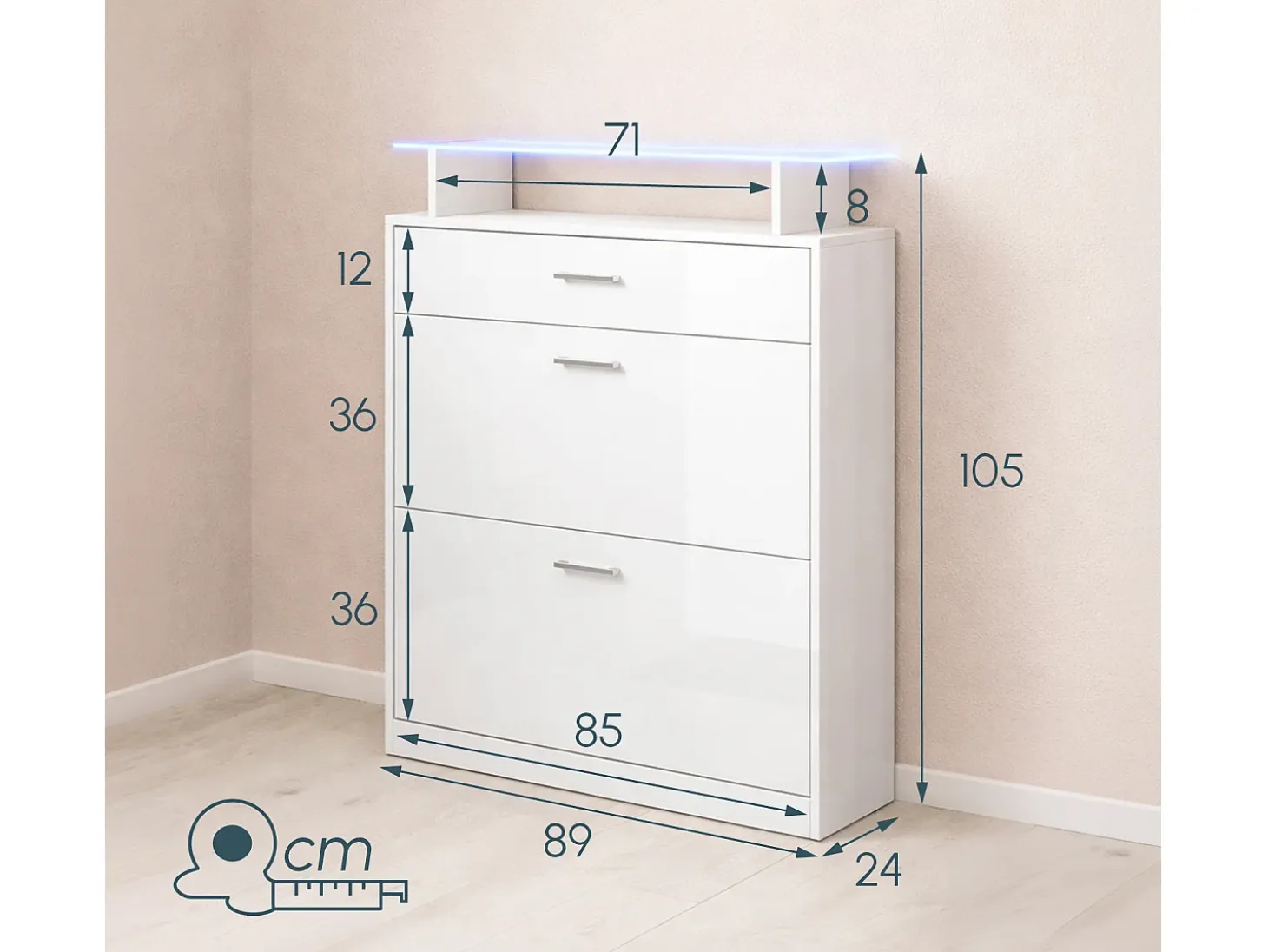 Recibidor zapatero para Entrada Pasillo en Blanco con LED 89x24x105cm Paola