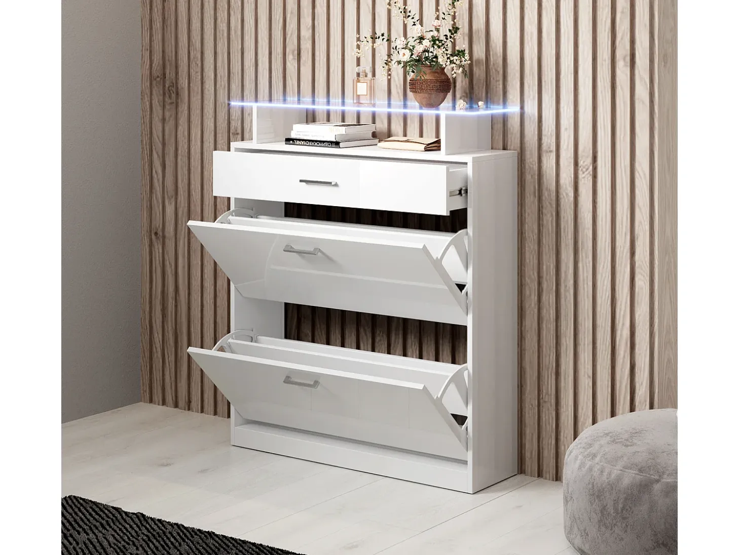 Recibidor zapatero para Entrada Pasillo en Blanco con LED 89x24x105cm Paola