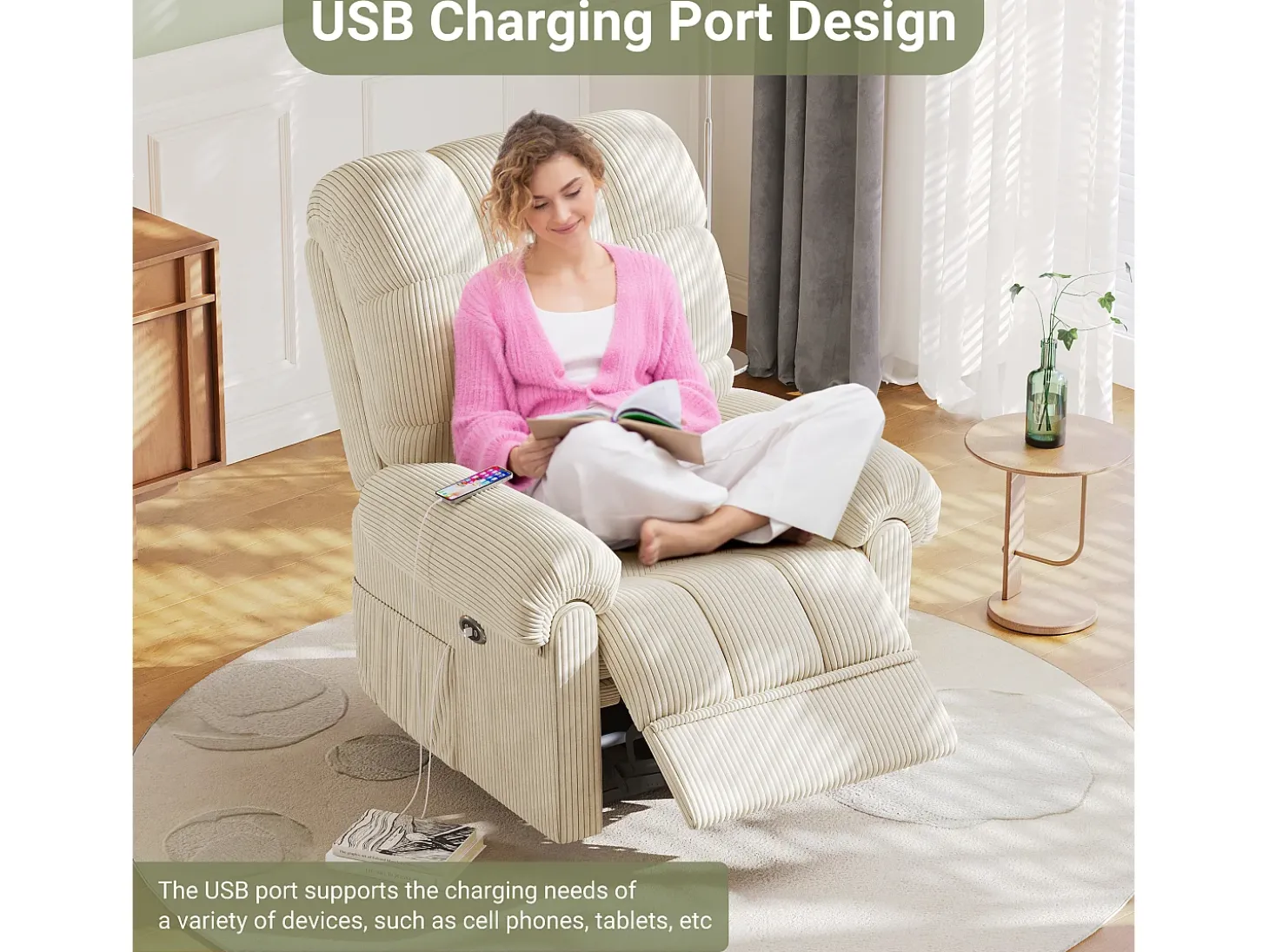 Relájate sillón de terciopelo eléctrico de sillón, silla de ocio ajustable con USB, respaldo ajustable, antiestático con reposapiés - 96x97x104cm beige beige