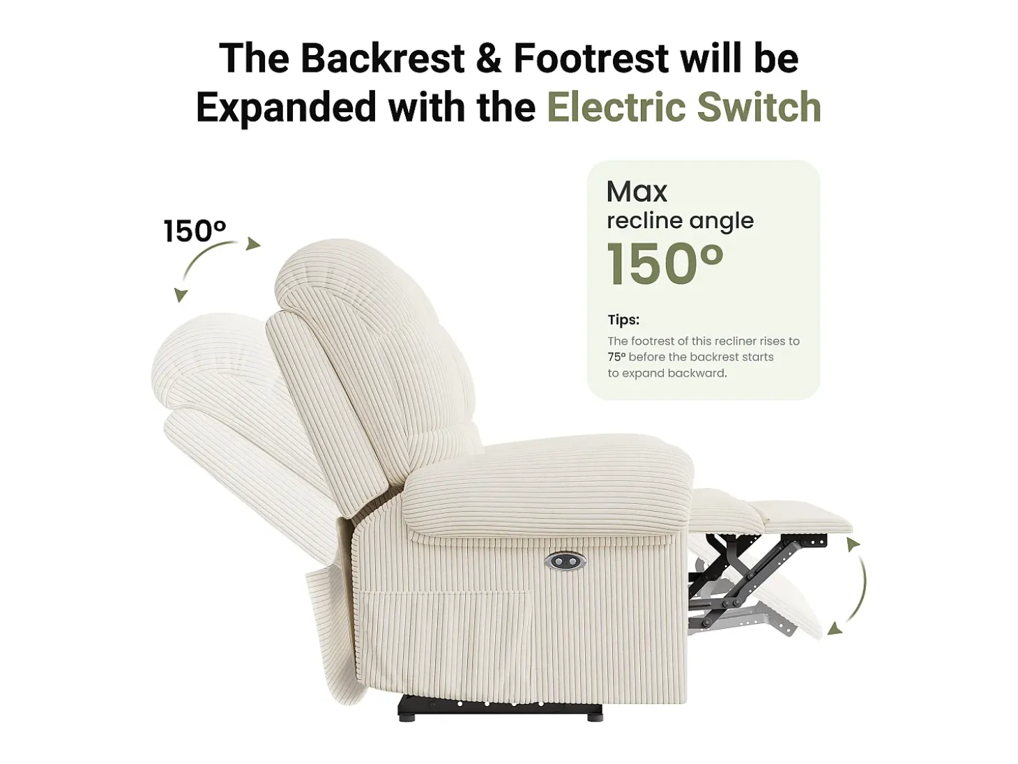Relájate sillón de terciopelo eléctrico de sillón, silla de ocio ajustable con USB, respaldo ajustable, antiestático con reposapiés - 96x97x104cm beige beige