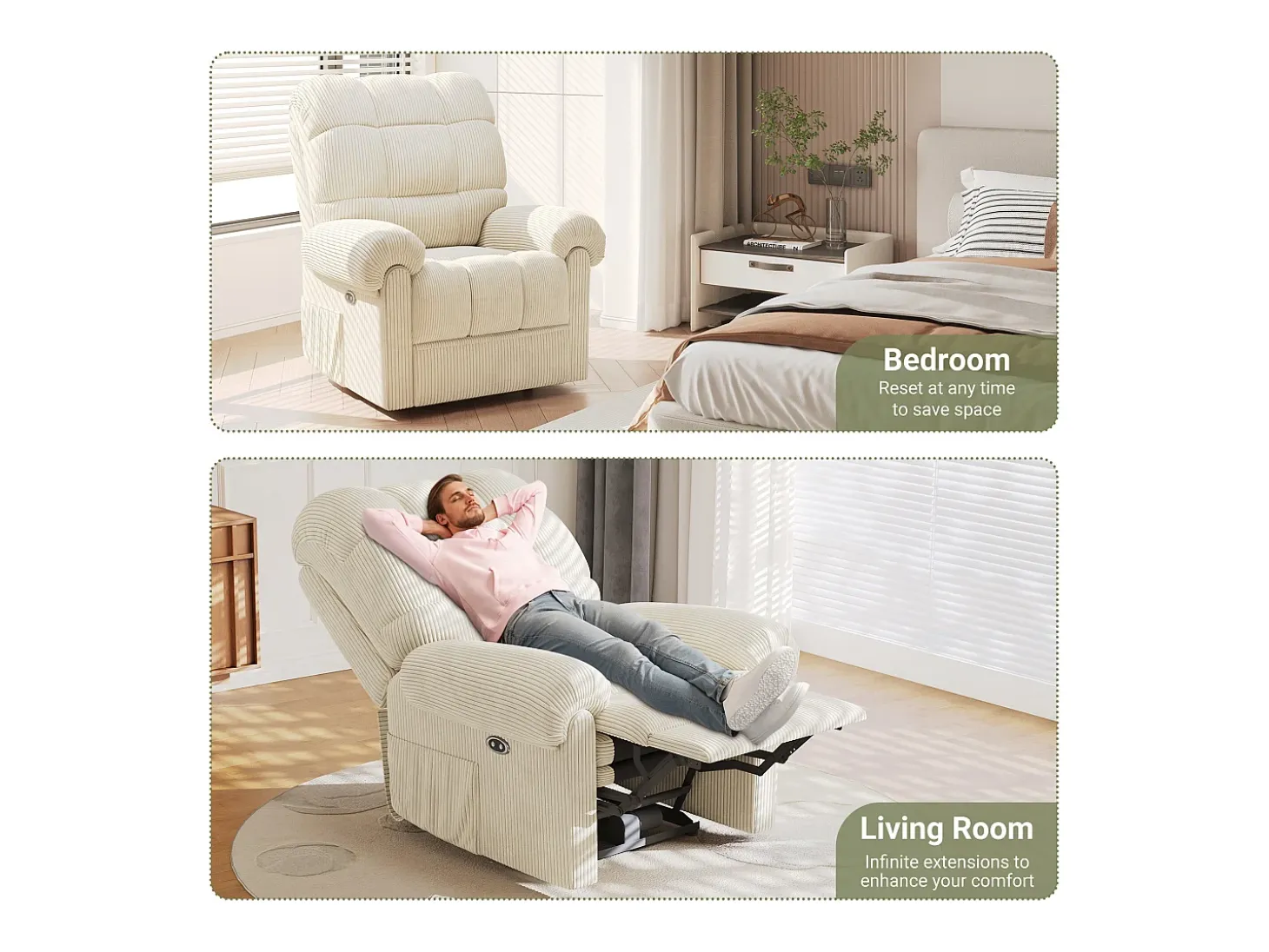 Relájate sillón de terciopelo eléctrico de sillón, silla de ocio ajustable con USB, respaldo ajustable, antiestático con reposapiés - 96x97x104cm beige beige