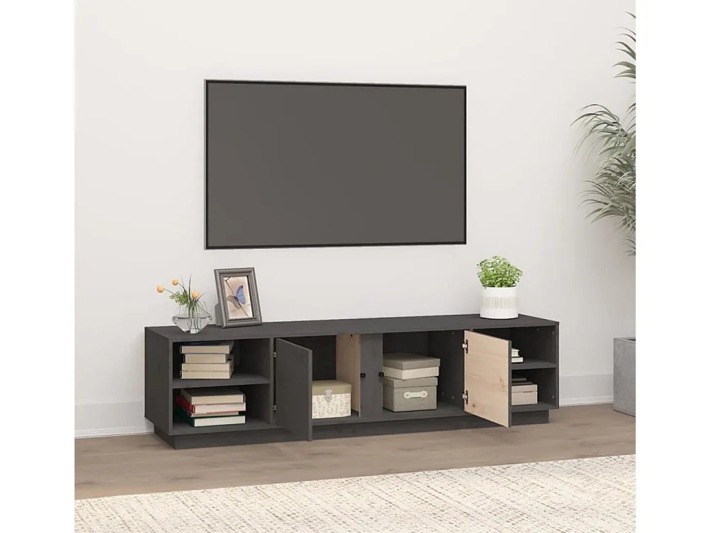 Renira Mueble de TV madera maciza de pino gris 156x40x40 cm