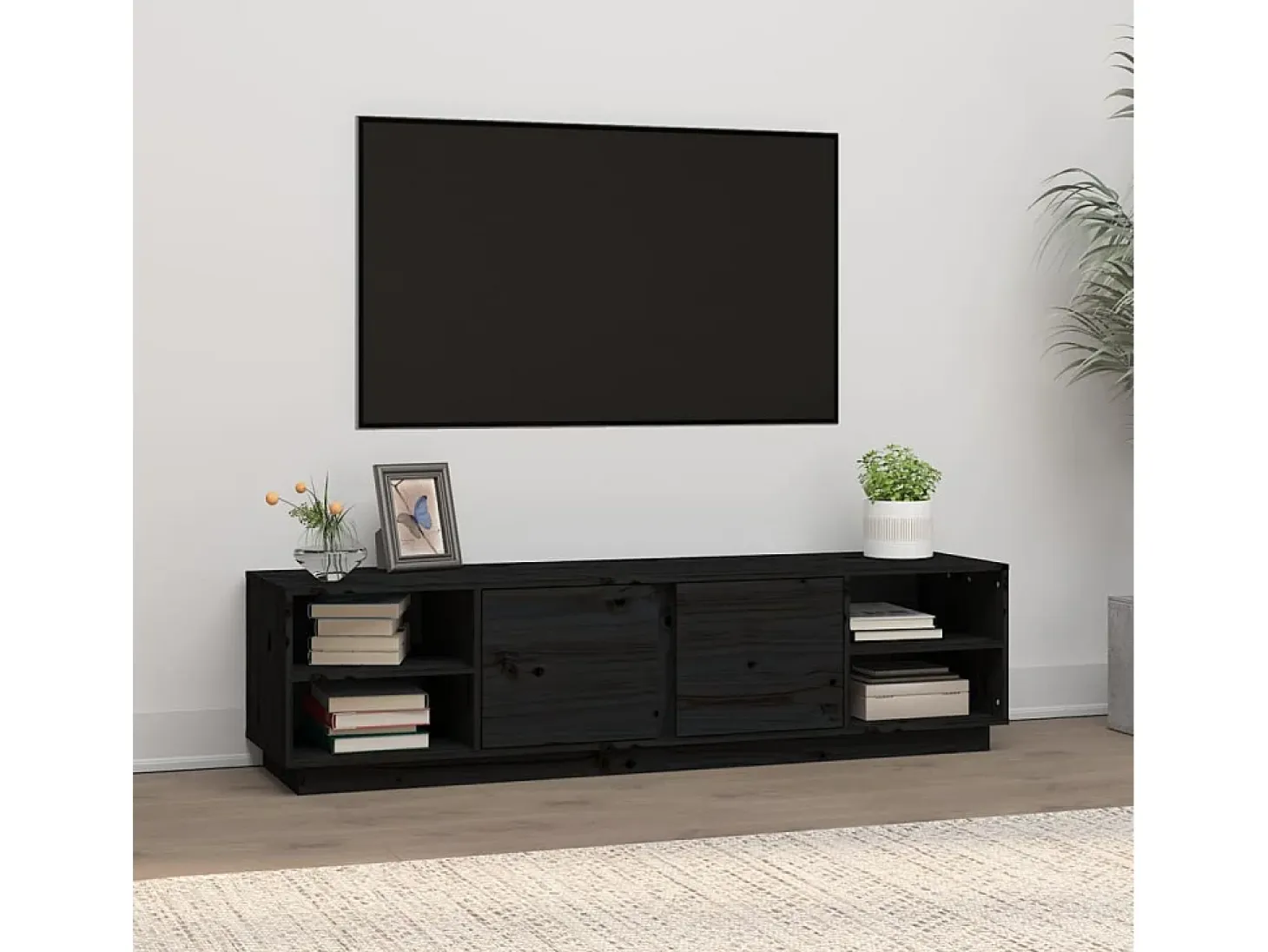 Renira Mueble de TV madera maciza de pino negro 156x40x40 cm