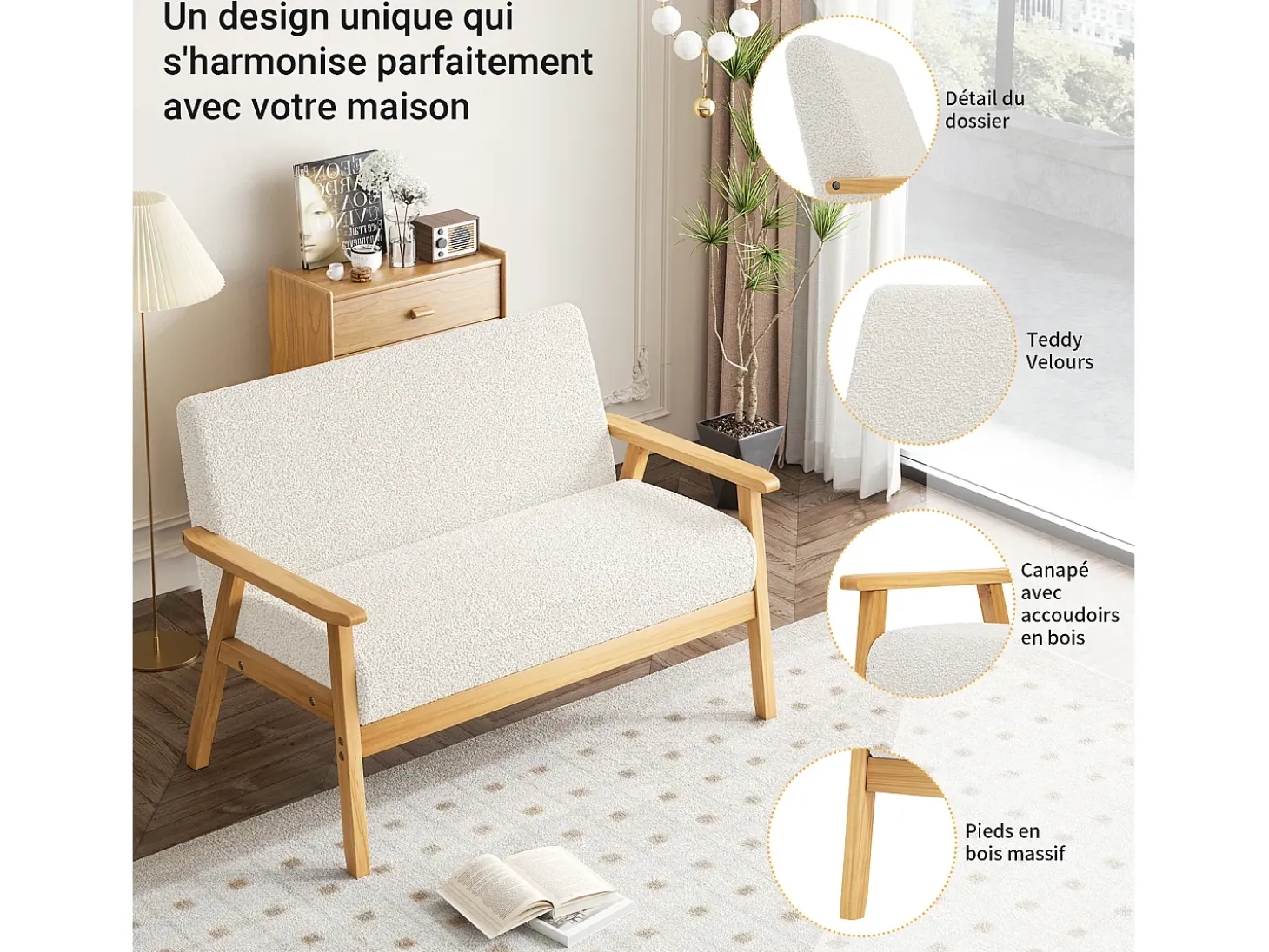 Sala de estar moderna del sofá de 2 a la plantilla, en Teddy Fleece, Wooden Sneting, beige, 107x60x76cm