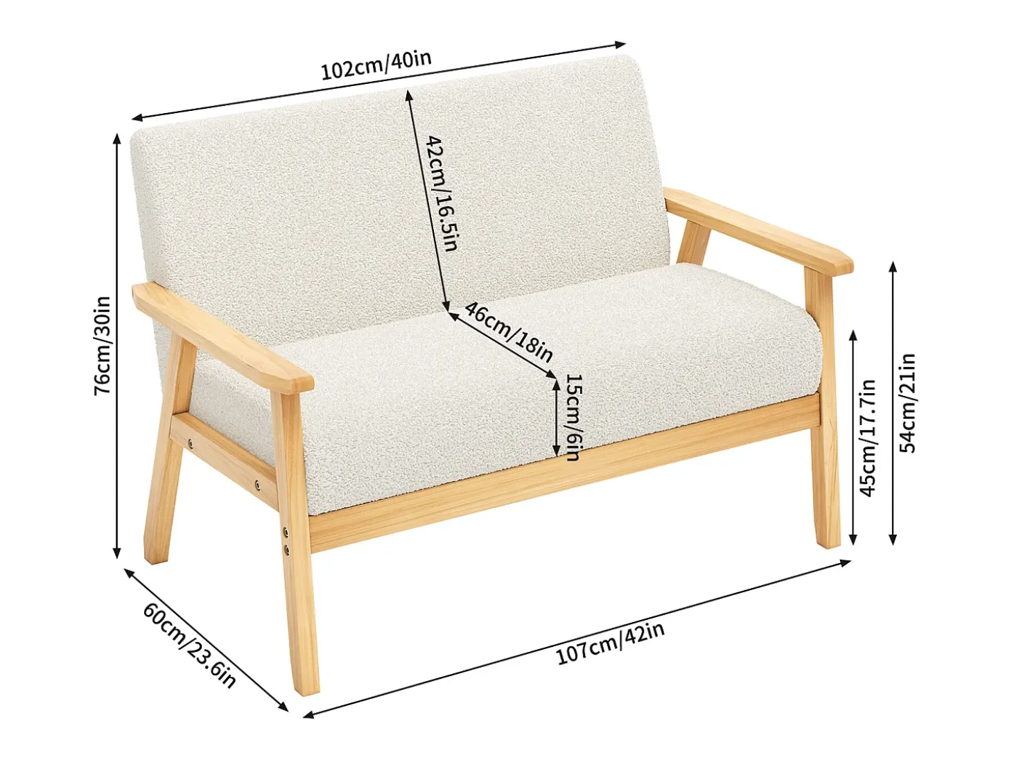 Sala de estar moderna del sofá de 2 a la plantilla, en Teddy Fleece, Wooden Sneting, beige, 107x60x76cm