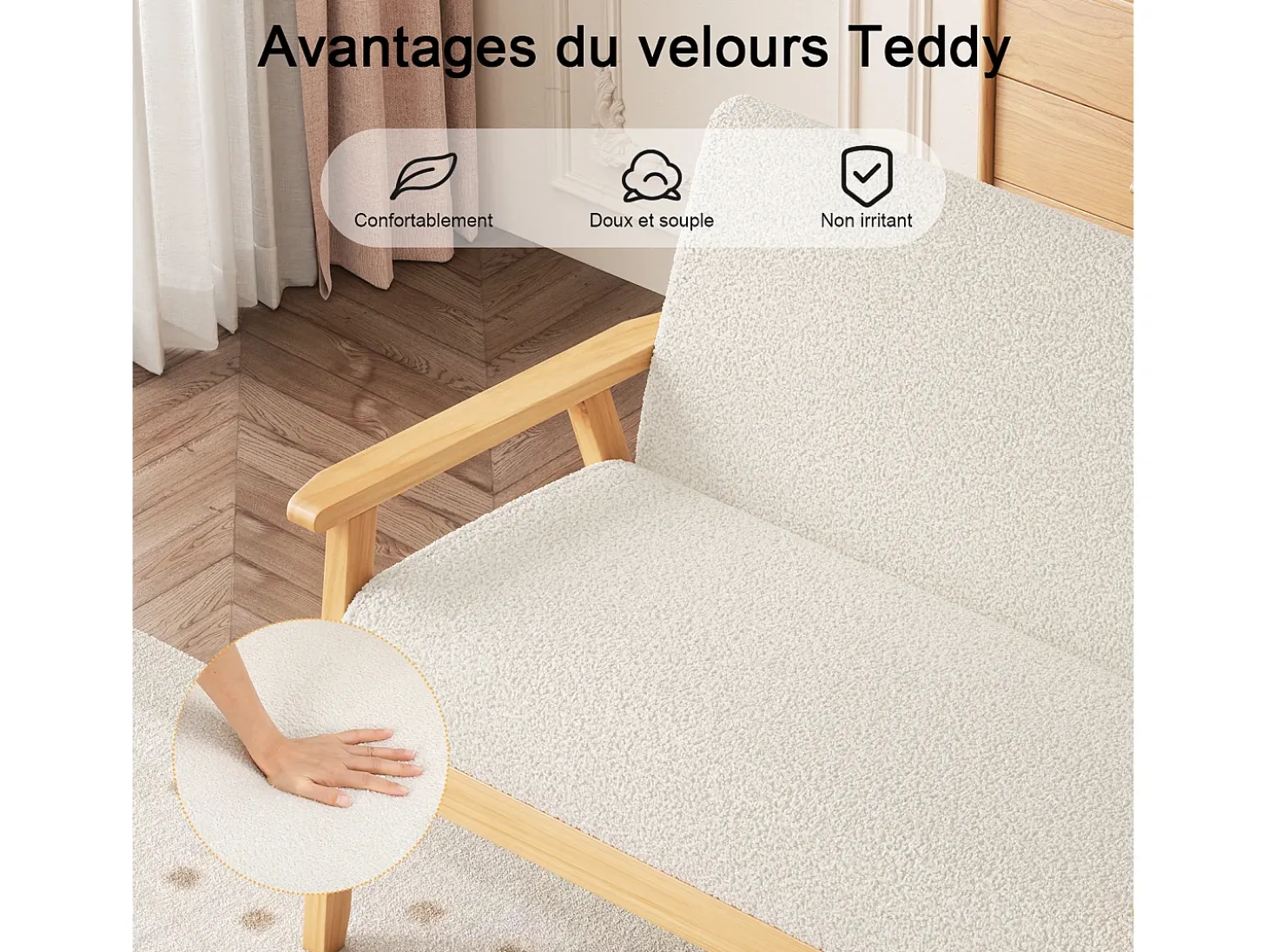 Sala de estar moderna del sofá de 2 a la plantilla, en Teddy Fleece, Wooden Sneting, beige, 107x60x76cm