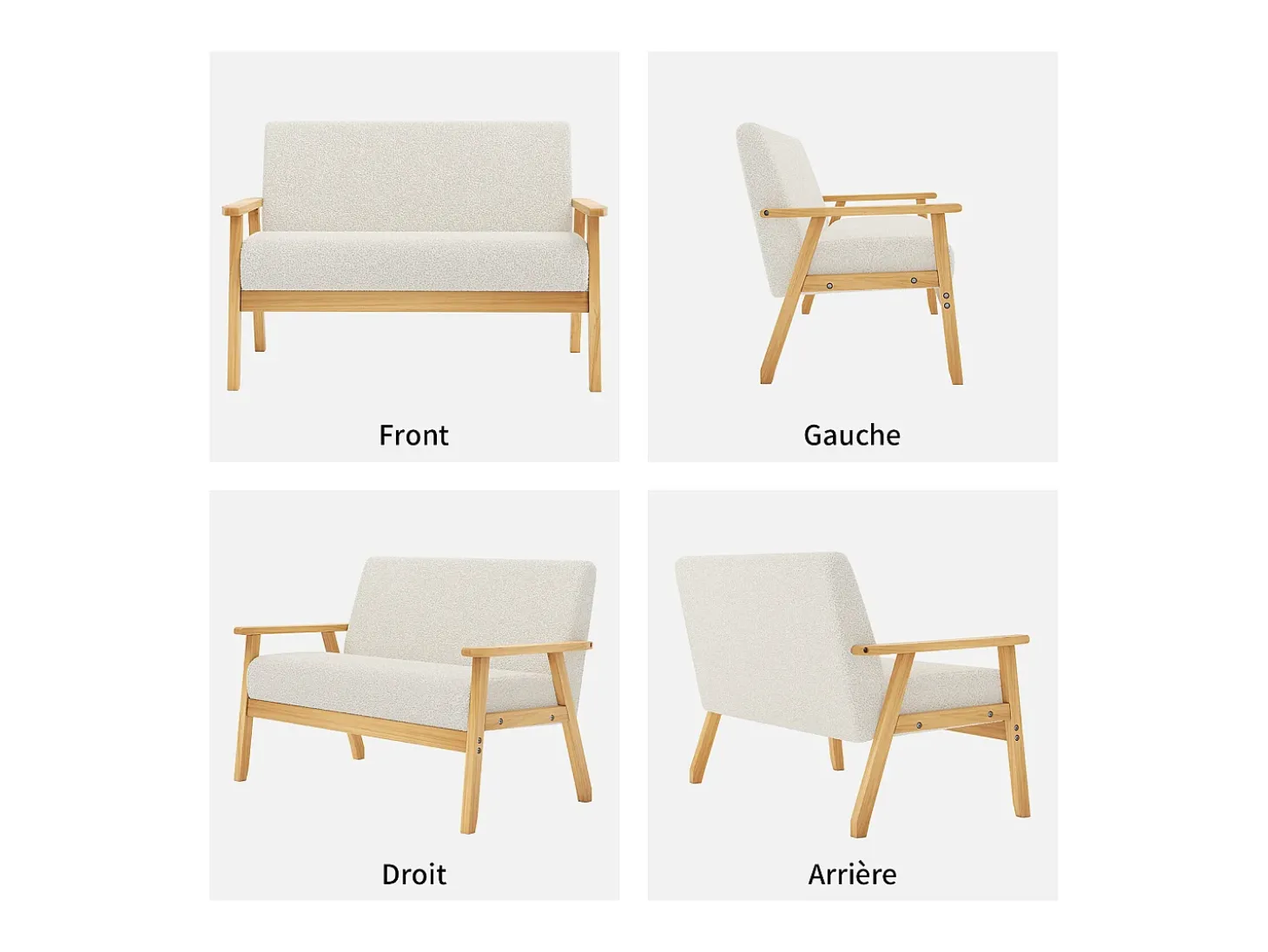 Sala de estar moderna del sofá de 2 a la plantilla, en Teddy Fleece, Wooden Sneting, beige, 107x60x76cm
