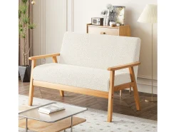 Sala de estar moderna del sofá de 2 a la plantilla, en Teddy Fleece, Wooden Sneting, beige, 107x60x76cm