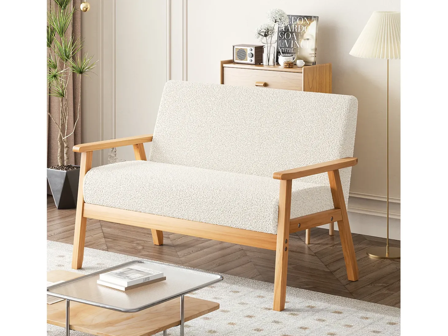 Sala de estar moderna del sofá de 2 a la plantilla, en Teddy Fleece, Wooden Sneting, beige, 107x60x76cm