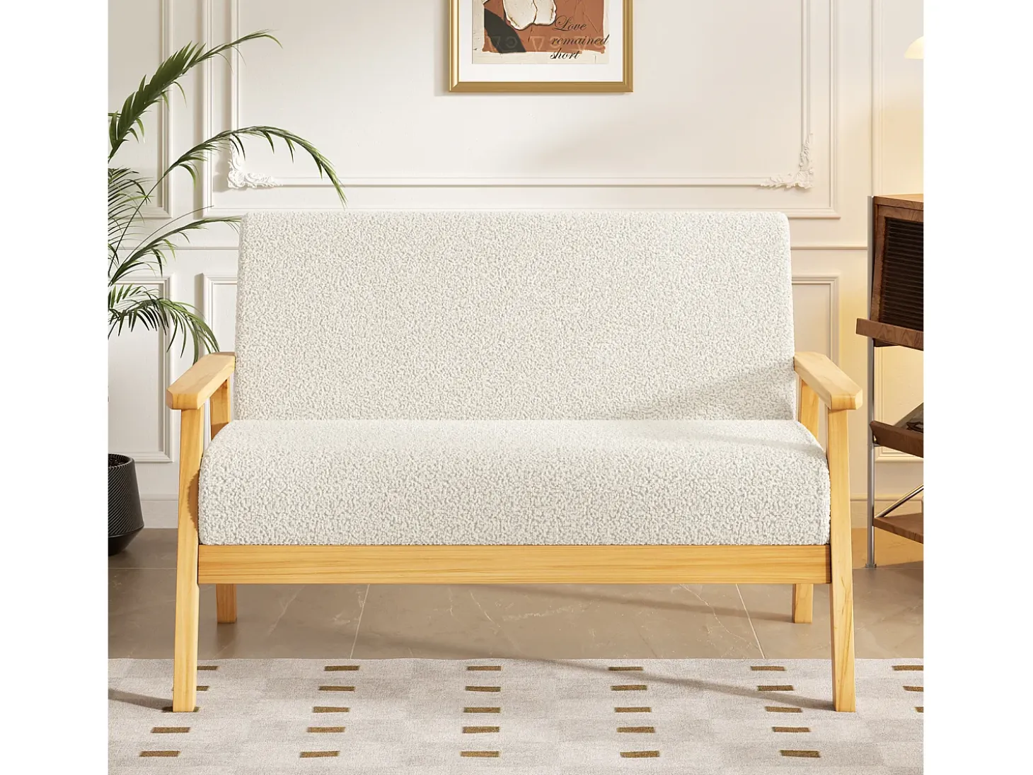 Sala de estar moderna del sofá de 2 a la plantilla, en Teddy Fleece, Wooden Sneting, beige, 107x60x76cm