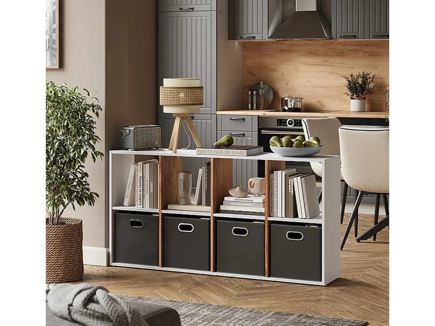Separador de ambientes roble blanco/dorado 143x29x72 scutum