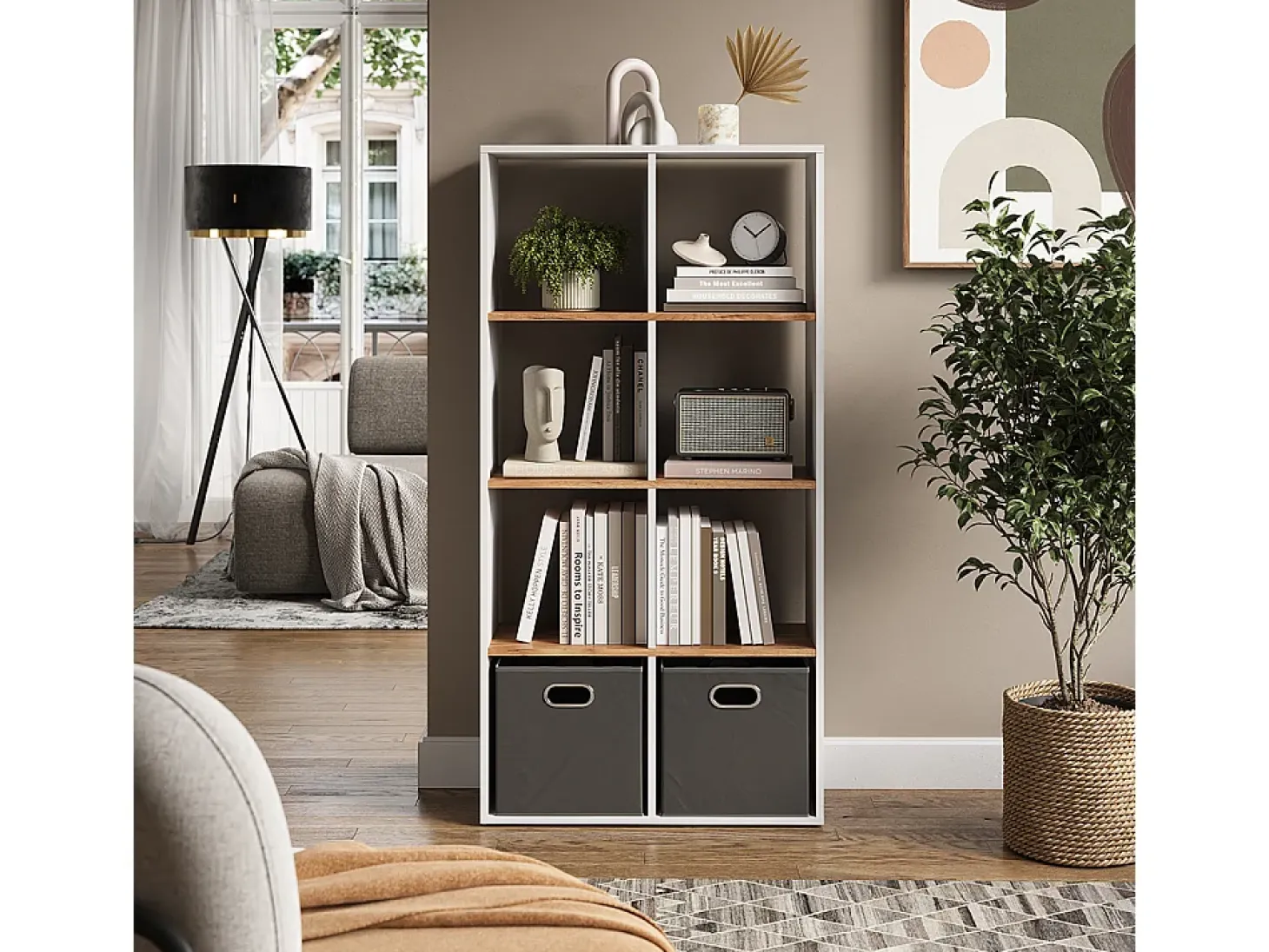 Separador de ambientes roble blanco/dorado 143x29x72 scutum