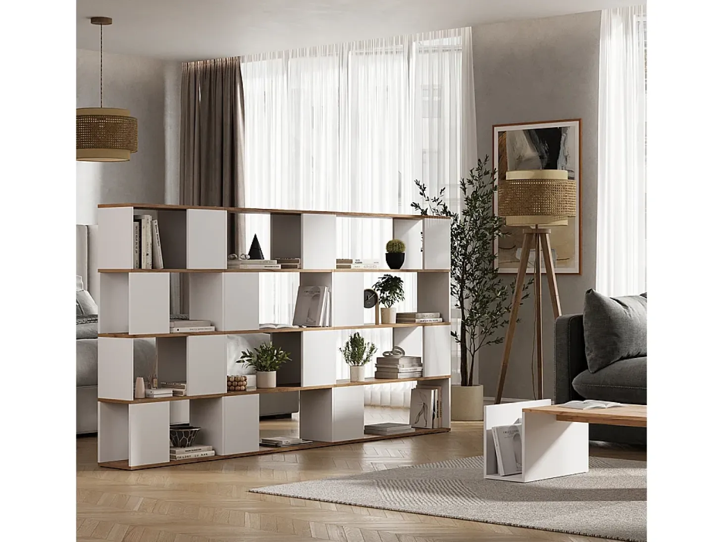 Separador de ambientes roble blanco/dorado 60x24x124.5 eneos