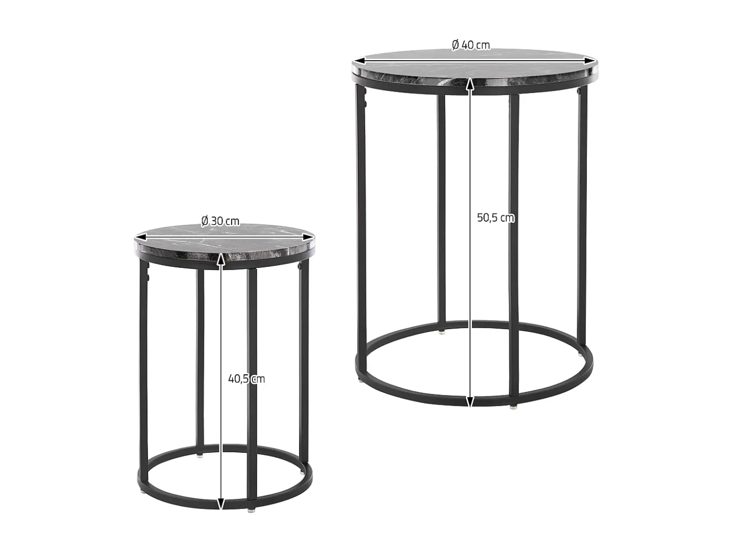 Set 2 mesas auxiliares de centro diseño mármol Estructura de metal Ø30 / Ø40 cm