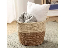 Set de 3 cestas Brais de fibra natural con asas, blanco/natural
