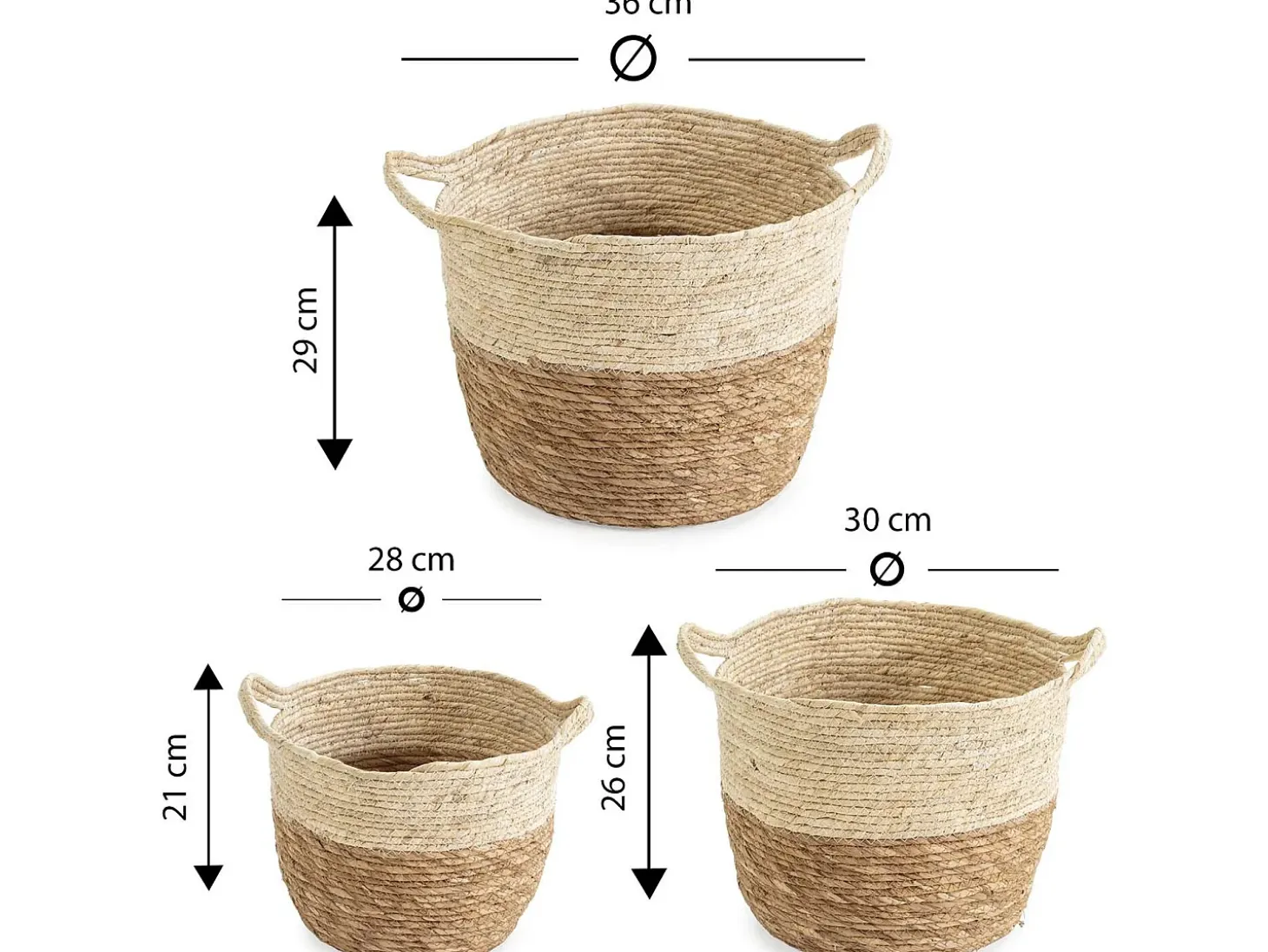Set de 3 cestas Brais de fibra natural con asas, blanco/natural