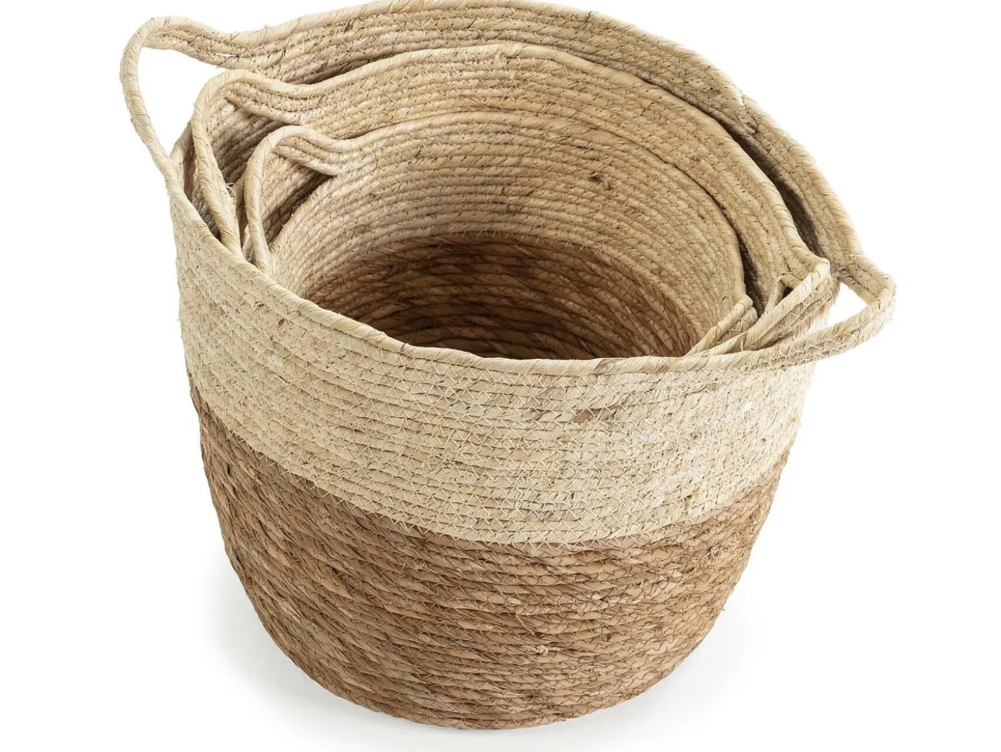 Set de 3 cestas Brais de fibra natural con asas, blanco/natural