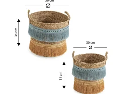 Set de 2 cestas Indie de fibra natural con asas, azul/naranja