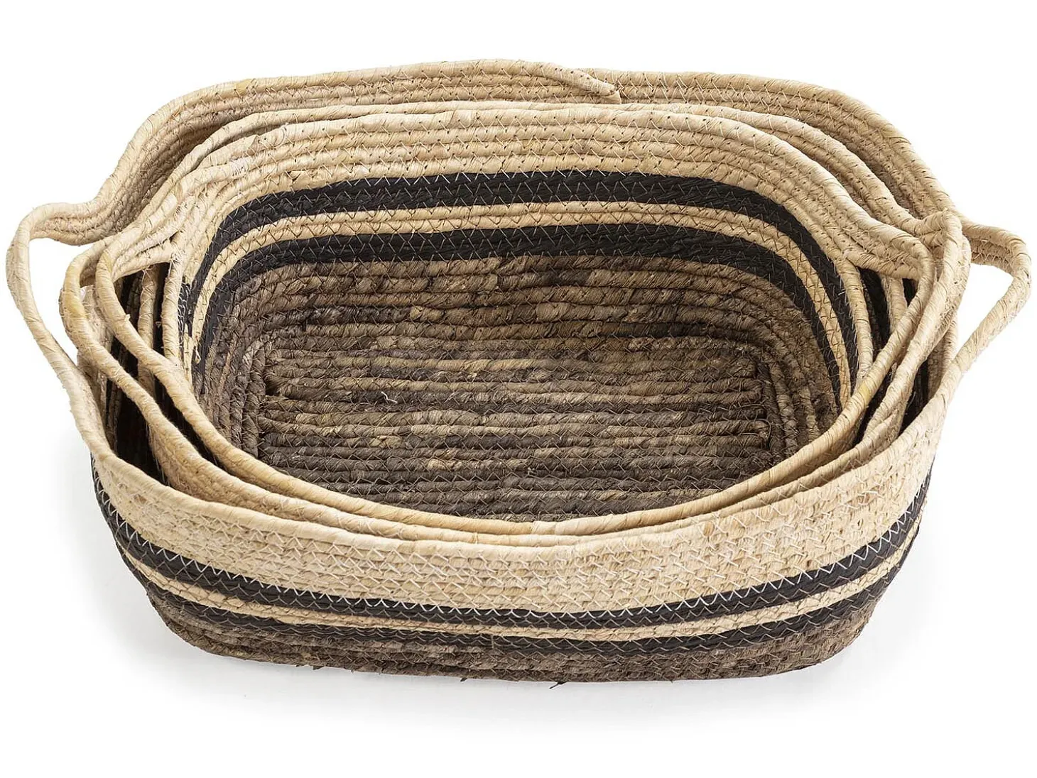 Set de 3 cestas Luar de fibra natural y papel, marrón/beige con asas