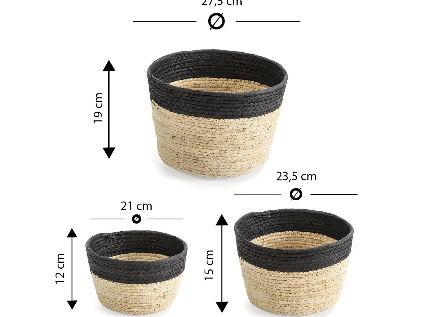 Set de 3 cestas Nati de fibra natural y papel, negro/beige