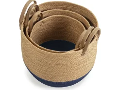 Set de 3 cestas Tecla de fibra natural con asas, azul/natural