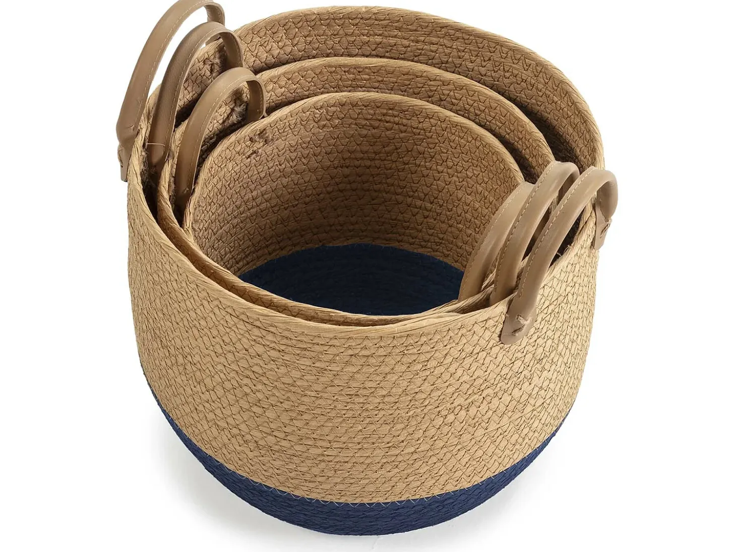 Set de 3 cestas Tecla de fibra natural con asas, azul/natural