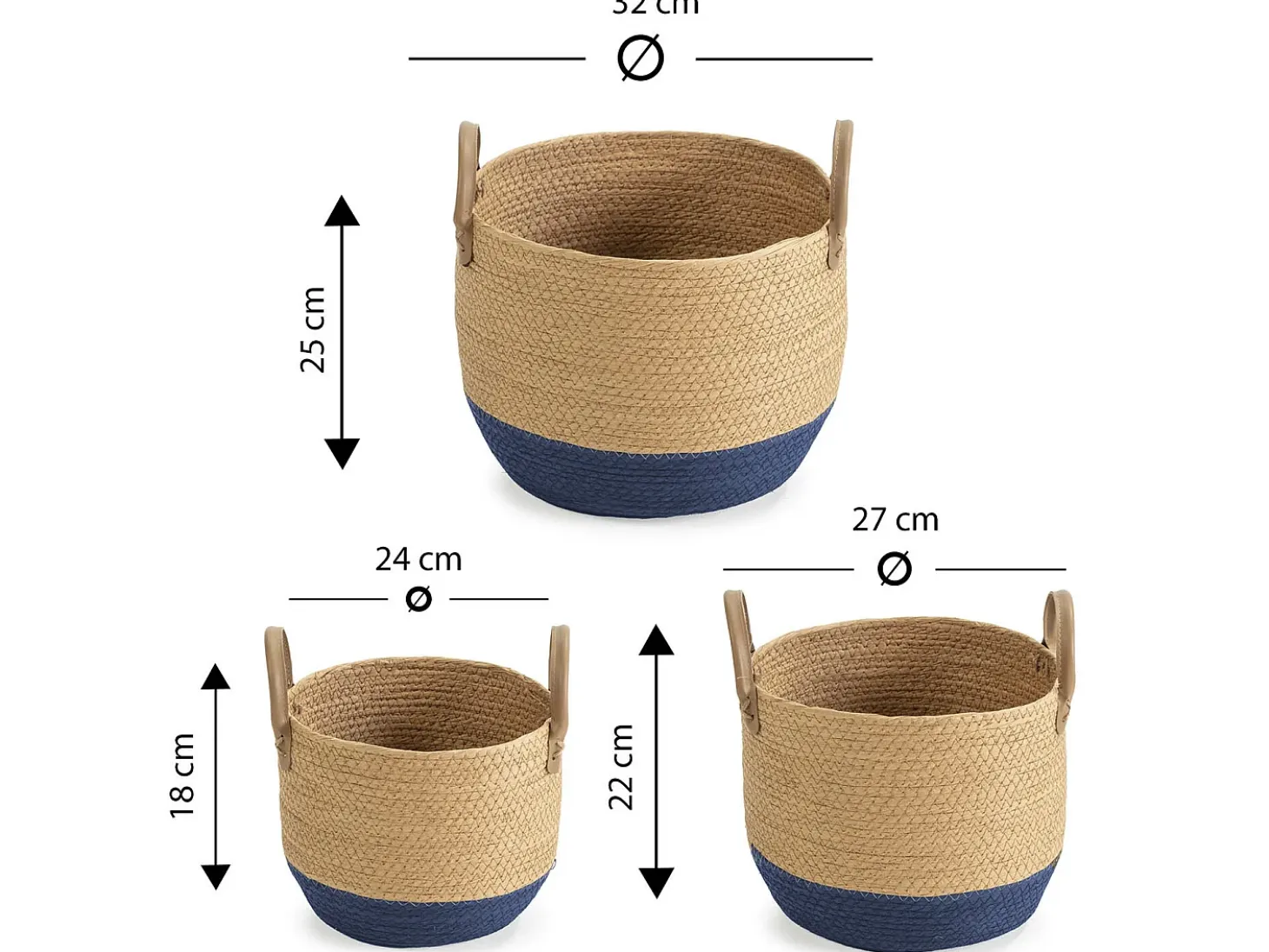 Set de 3 cestas Tecla de fibra natural con asas, azul/natural