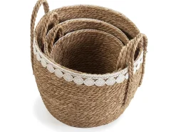 Set de 3 cestas Yasmina de fibra natural con asas, blanco/natural