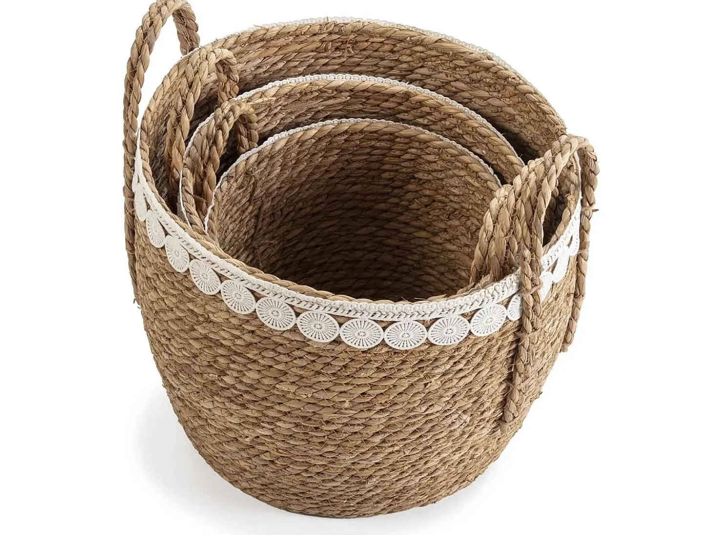 Set de 3 cestas Yasmina de fibra natural con asas, blanco/natural