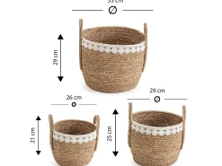 Set de 3 cestas Yasmina de fibra natural con asas, blanco/natural