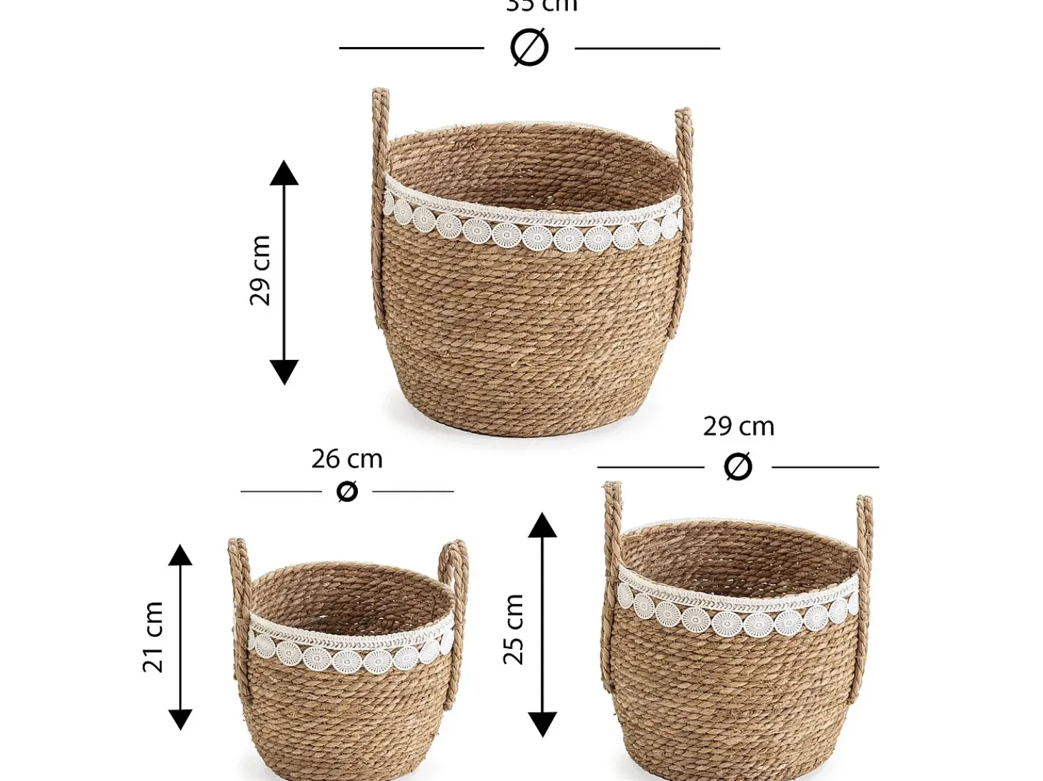 Set de 3 cestas Yasmina de fibra natural con asas, blanco/natural