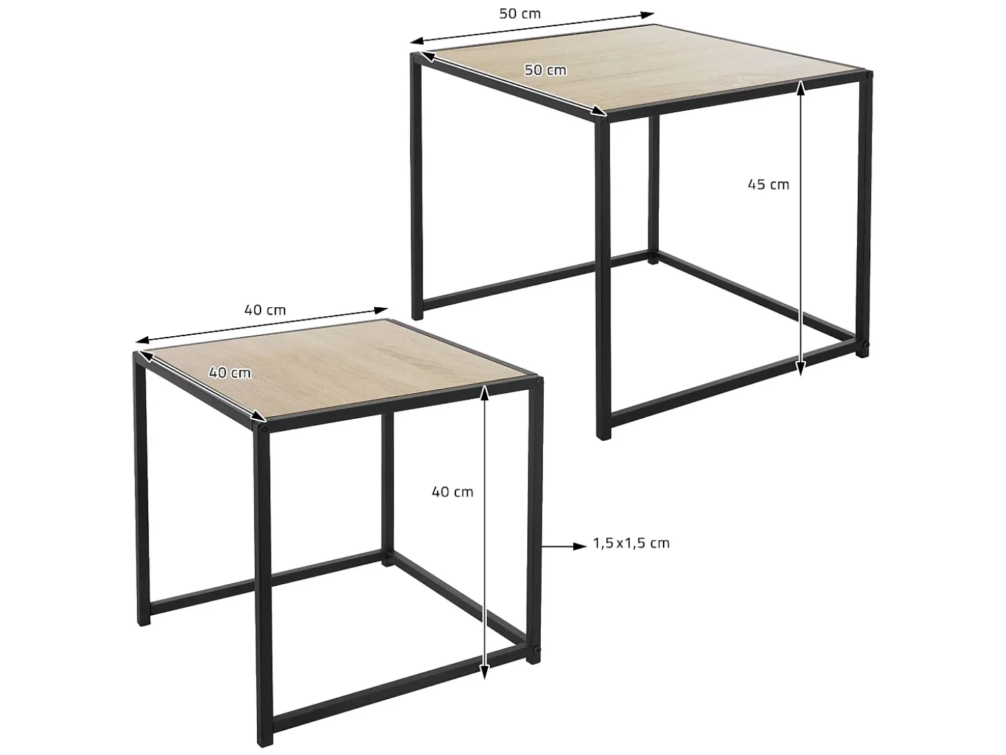 Set de 2 mesas auxiliares de centro cuadradas negras roble 40x40x40cm/50x50x45cm