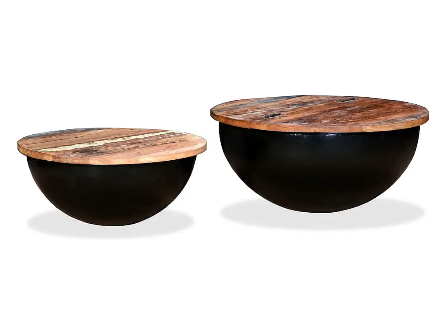 Set de 2 mesas de centro madera reciclada negra forma de bol