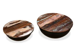 Set de 2 mesas de centro madera reciclada negra forma de bol