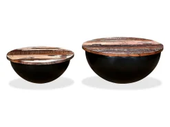 Set de 2 mesas de centro madera reciclada negra forma de bol