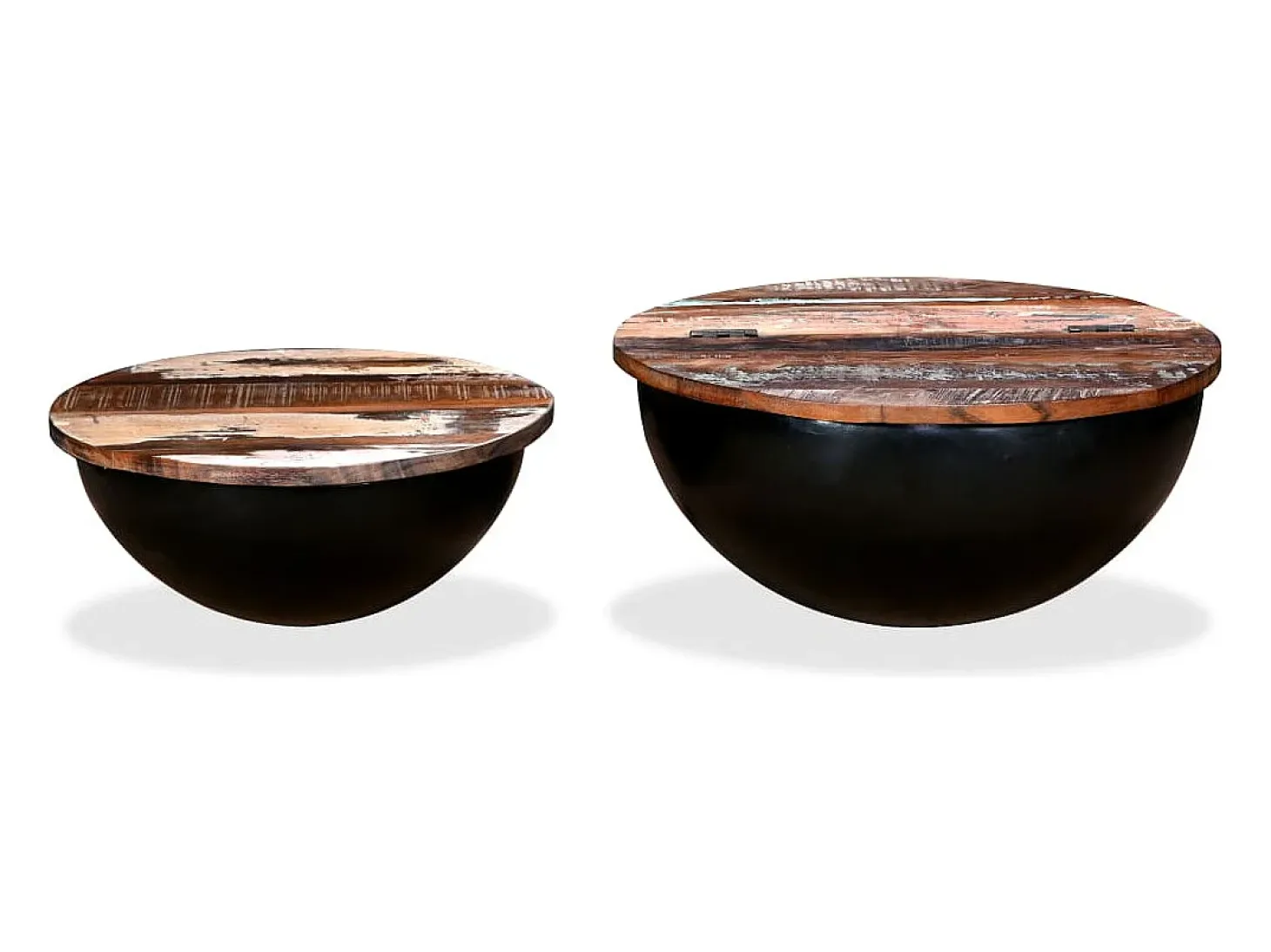 Set de 2 mesas de centro madera reciclada negra forma de bol