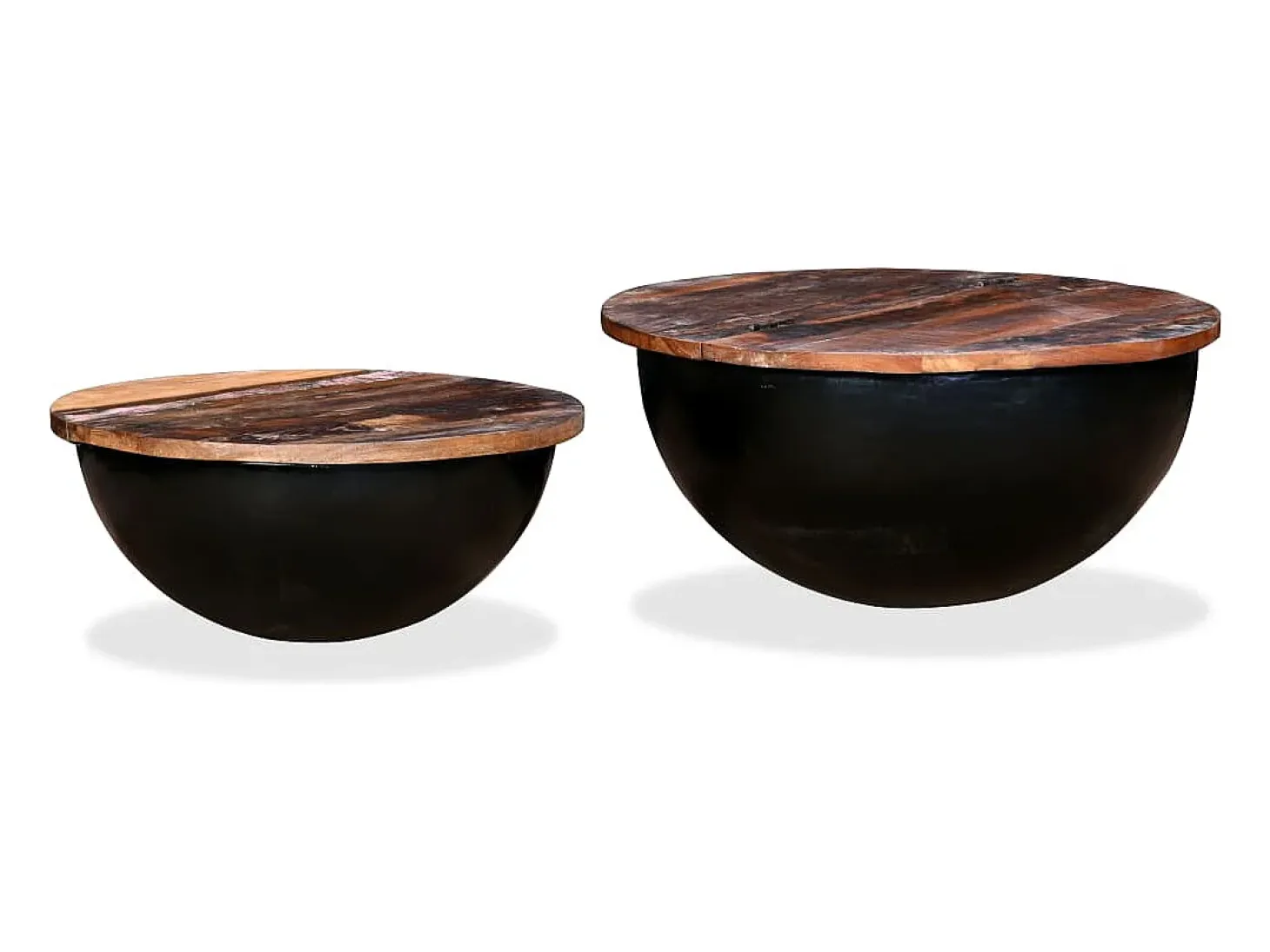 Set de 2 mesas de centro madera reciclada negra forma de bol