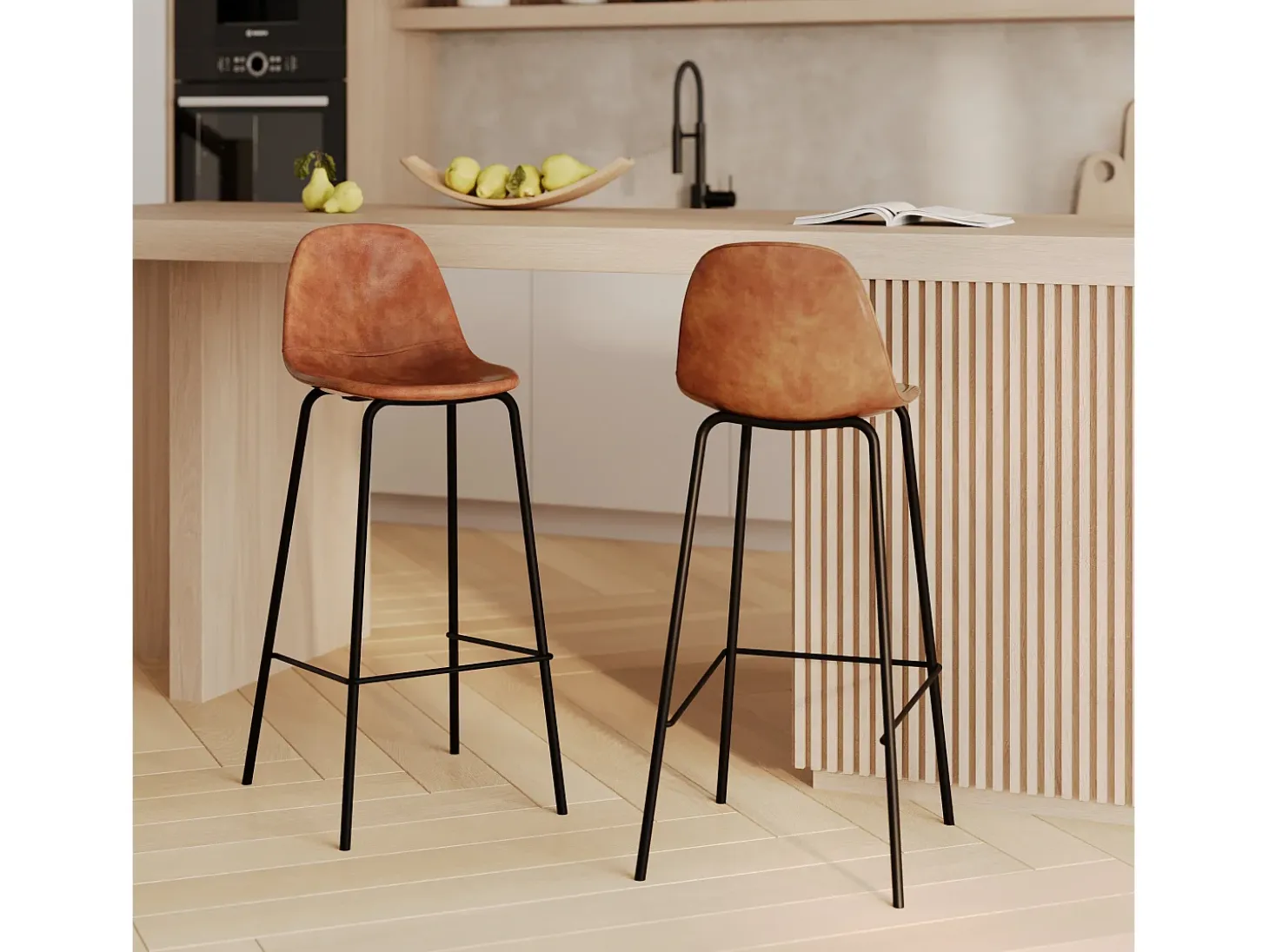 Set de 2 sillas de bar 75 cm en cuero sintético camel - Henrik