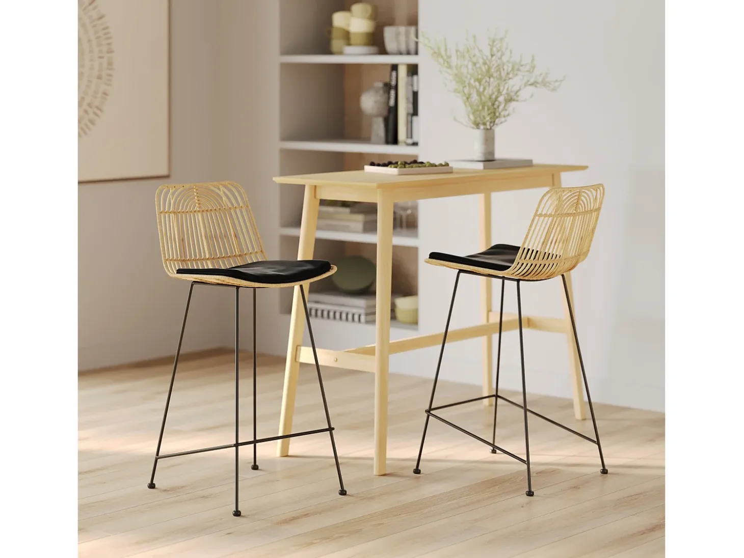 Set de 2 sillas para isla central en ratán y metal negro 66 cm - Goa