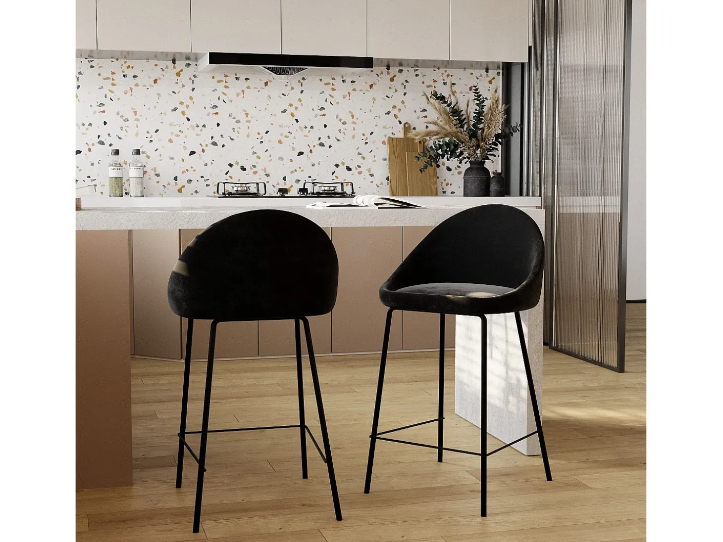 Set de 2 sillas para isla de cocina en terciopelo negro 65 cm - Misty