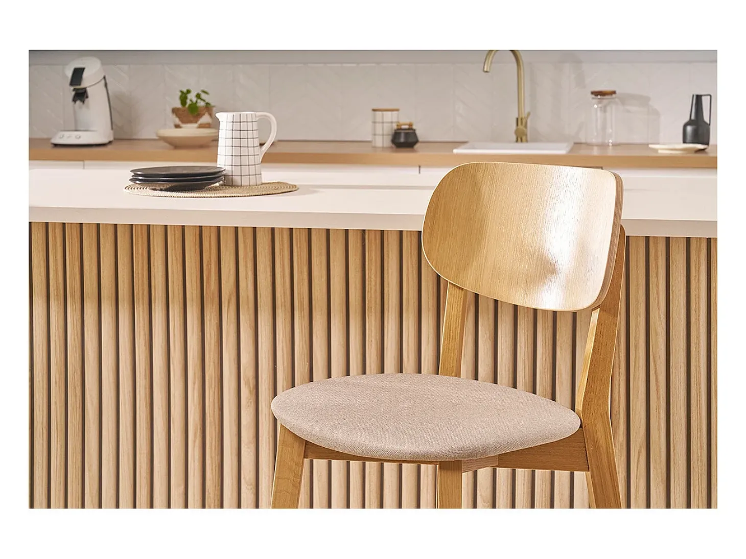 Set de 2 taburetes de cocina de madera de roble clara y tejido beige 65 cm LUCIA