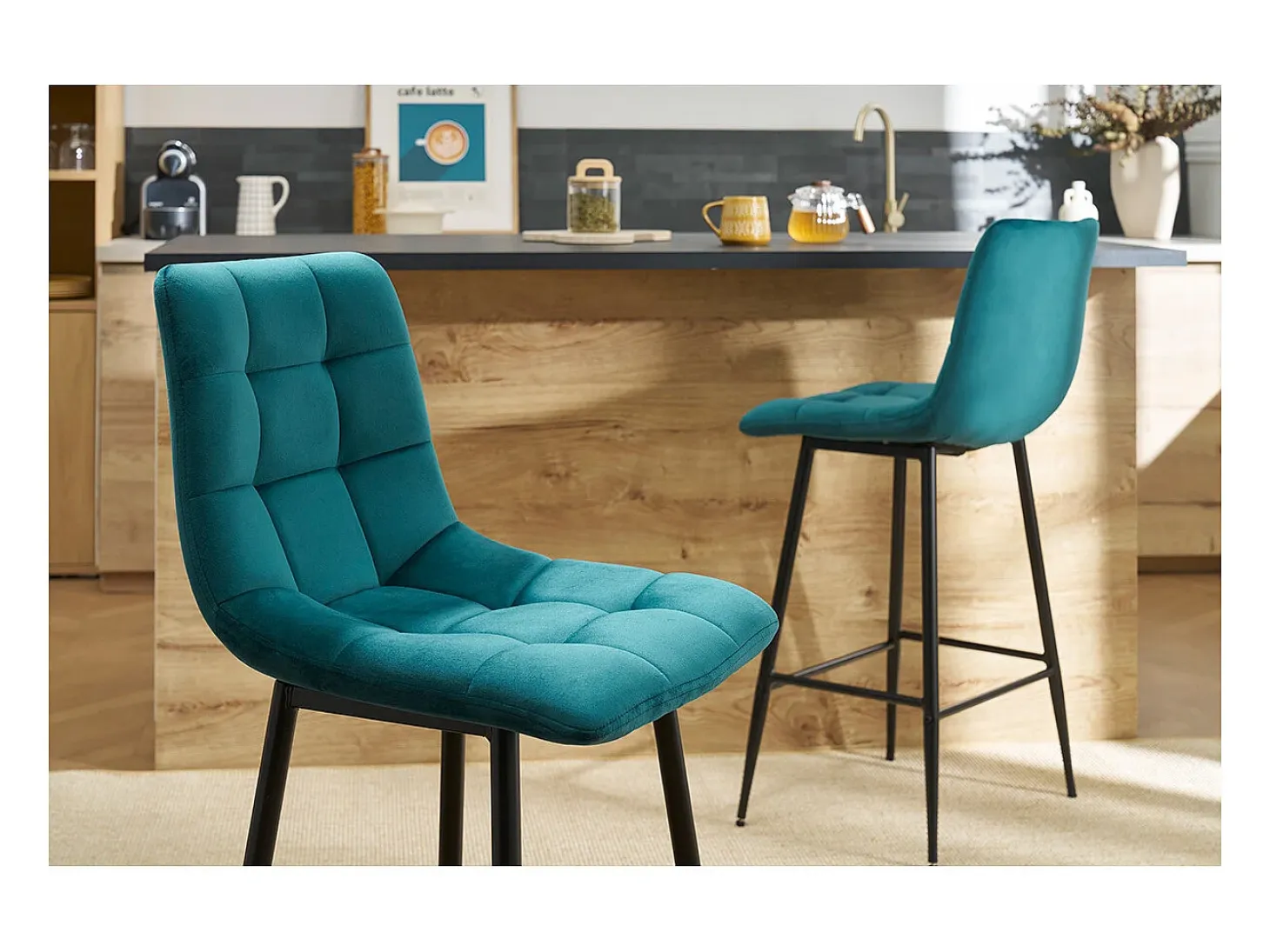 Set de 2 taburetes de cocina de diseño de terciopelo azul petróleo 65 cm MAXWELL