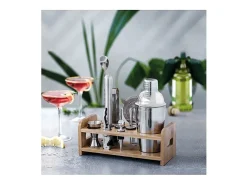 Set de cóctel 10 piezas acero inoxidable 18/10 con soporte de bambú natural - Coctelera, cuchara, mortero, medidor, pinza para hielo