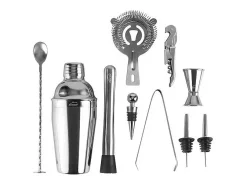 Set de cóctel 10 piezas acero inoxidable 18/10 con soporte de bambú natural - Coctelera, cuchara, mortero, medidor, pinza para hielo